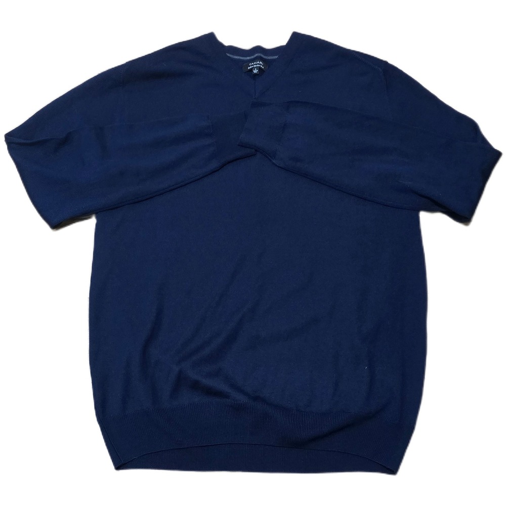 Tahari Mens Italian Merino Wool V Neck Sweater Casual Navy Blue Size L‎